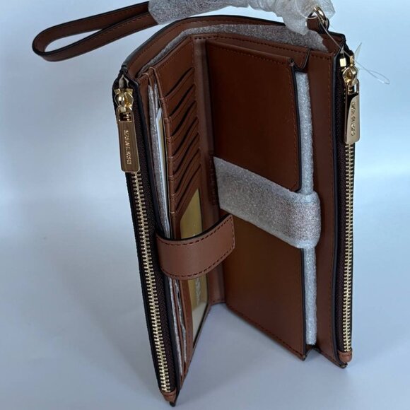 NWT Michael Kors Jet Set Travel Double Zip Large Phone Wallet MK Brown/Luggage - Picture 8 of 11